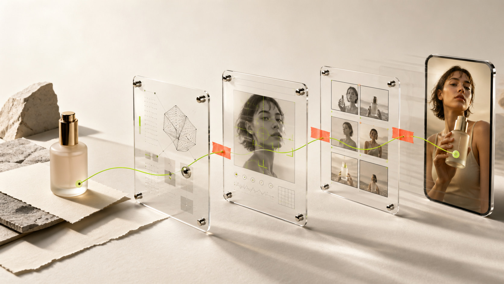 Visual pipeline of product, AI analysis and final video in translucent panels