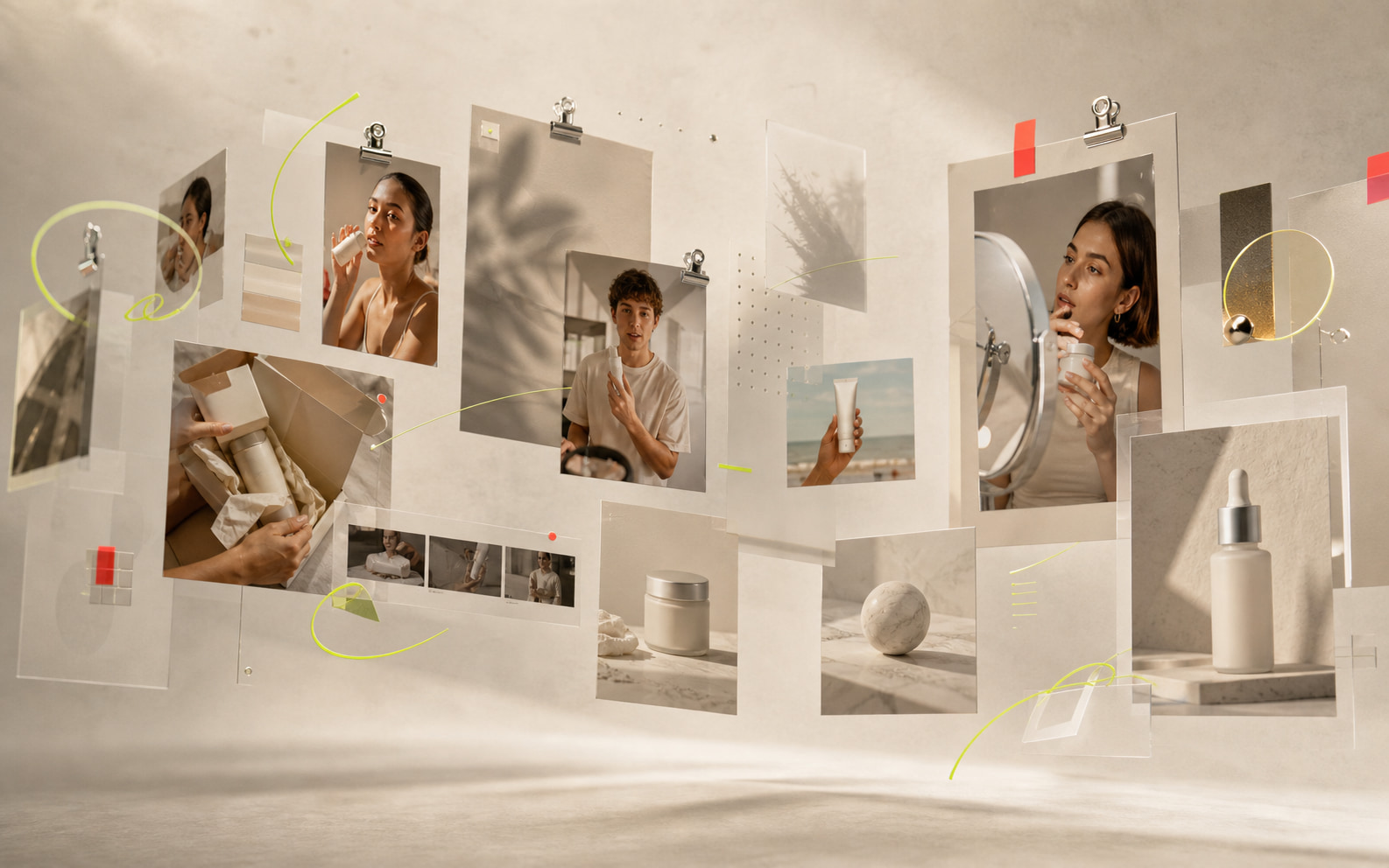 Editorial wall of UGC creatives and product photos generated by AI